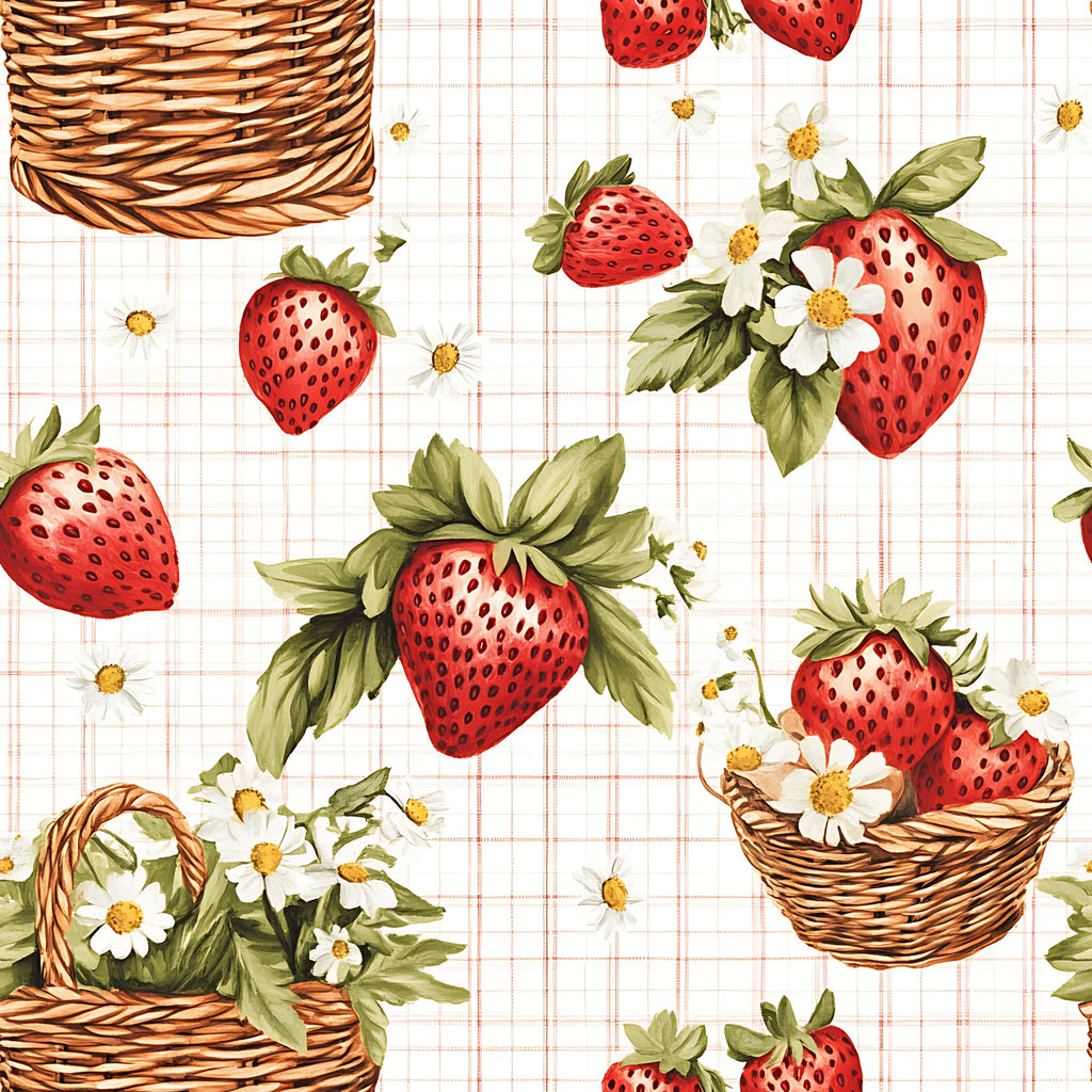 strawberry pattern, gingham background, red strawberries, white flowers, wicker baskets, green leaves, yellow centers, checkered fabric,, fabric panel, picnic theme, botanical design, country style, cottage core, summer fruits, daisy flowers, basket weave, pastoral scene, farming motif, harvest theme