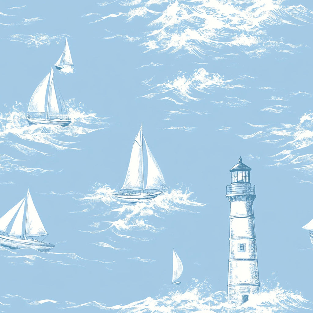 light blue, powder blue, white, lighthouse, sailboats, nautical scene, ocean waves, maritime, coastal theme, toile pattern, vintage style,, fabric panel, seascape, sailing vessels, beacon light, wave pattern, monochromatic design, nautical motifs, marine illustration