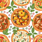 pizza pattern, italian food, repeating motif, orange crust, yellow pineapple, green basil, red tomatoes, mushrooms, olives, cheese toppings, culinary theme, food illustration, bright colors, kitchen theme,, fabric panel, cooking motif, restaurant decor, appetizing design, colorful vegetables