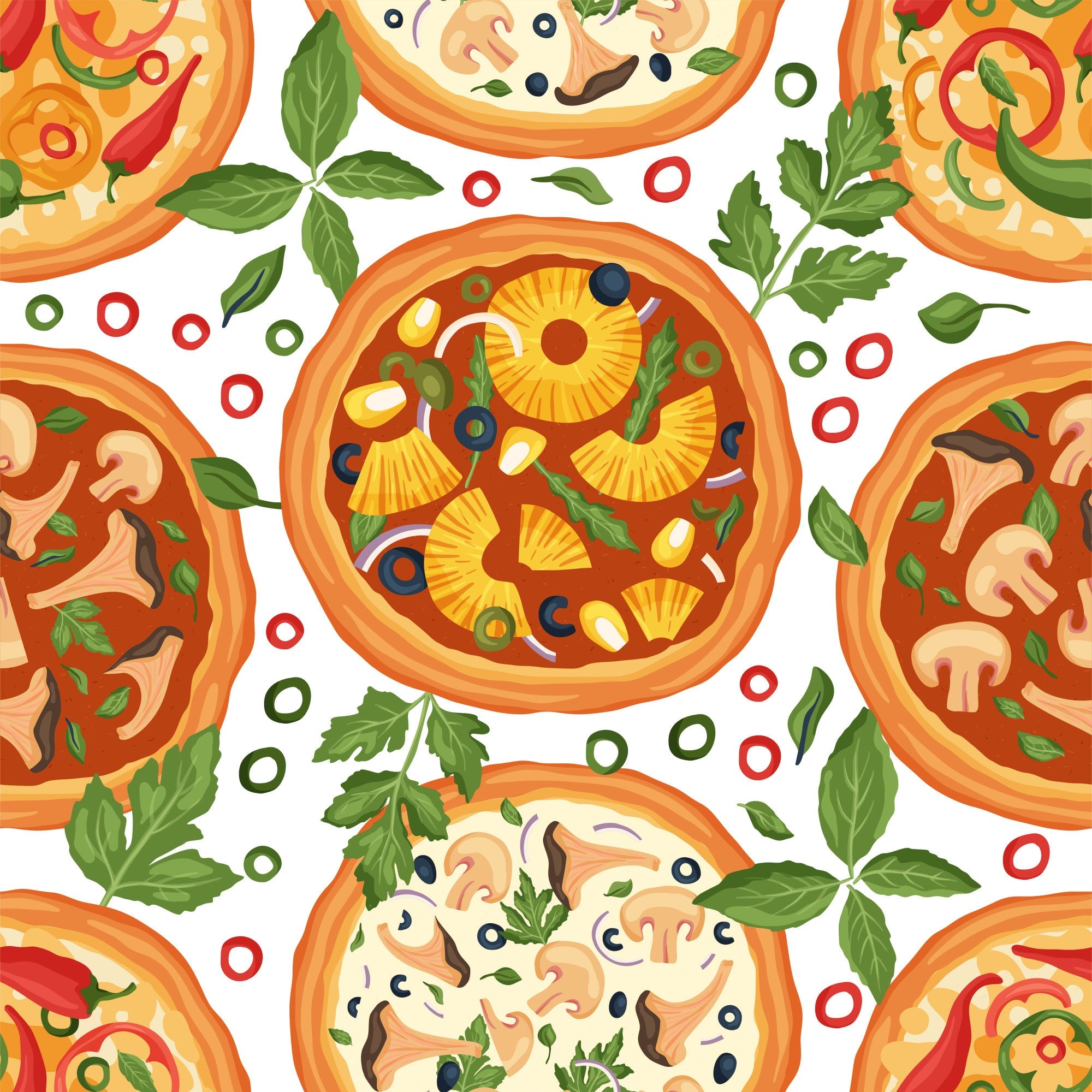 pizza pattern, italian food, repeating motif, orange crust, yellow pineapple, green basil, red tomatoes, mushrooms, olives, cheese toppings, culinary theme, food illustration, bright colors, kitchen theme,, fabric panel, cooking motif, restaurant decor, appetizing design, colorful vegetables