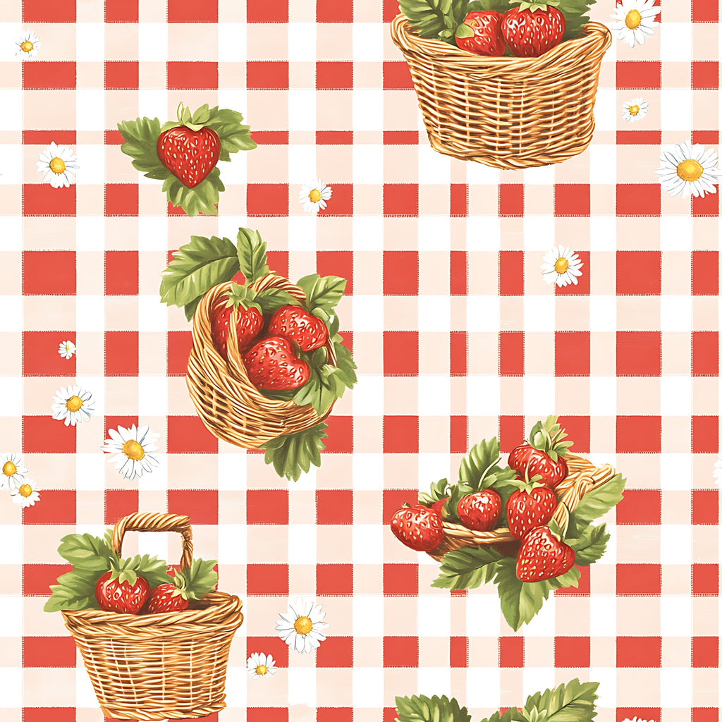 red, coral, cream, gingham, checkered, strawberries, baskets, daisies, wicker baskets, fruit pattern, picnic theme,, fabric panel, summer motifs, botanical elements, country style, pastoral design, kitchen theme, fresh berries, floral accents