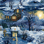 winter scene, snowy landscape, cozy houses, warm golden windows, swirling sky, bare trees, deep blue, navy blue, golden yellow, white snow, village scene, nighttime, magical lights,, fabric panel, whimsical art, starry dots, cottage homes, winter evening, peaceful mood