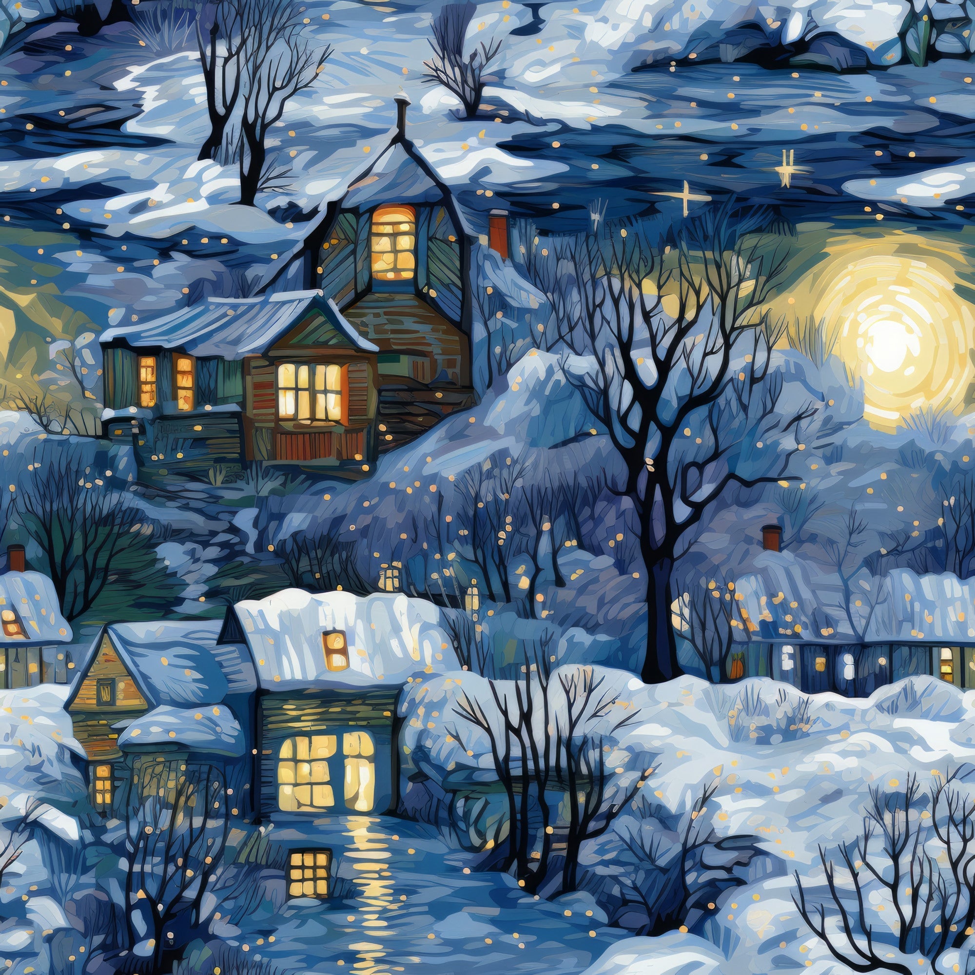 winter scene, snowy landscape, cozy houses, warm golden windows, swirling sky, bare trees, deep blue, navy blue, golden yellow, white snow, village scene, nighttime, magical lights,, fabric panel, whimsical art, starry dots, cottage homes, winter evening, peaceful mood