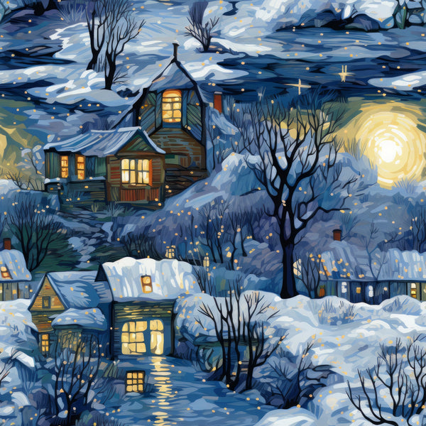 winter scene, snowy landscape, cozy houses, warm golden windows, swirling sky, bare trees, deep blue, navy blue, golden yellow, white snow, village scene, nighttime, magical lights,, fabric panel, whimsical art, starry dots, cottage homes, winter evening, peaceful mood