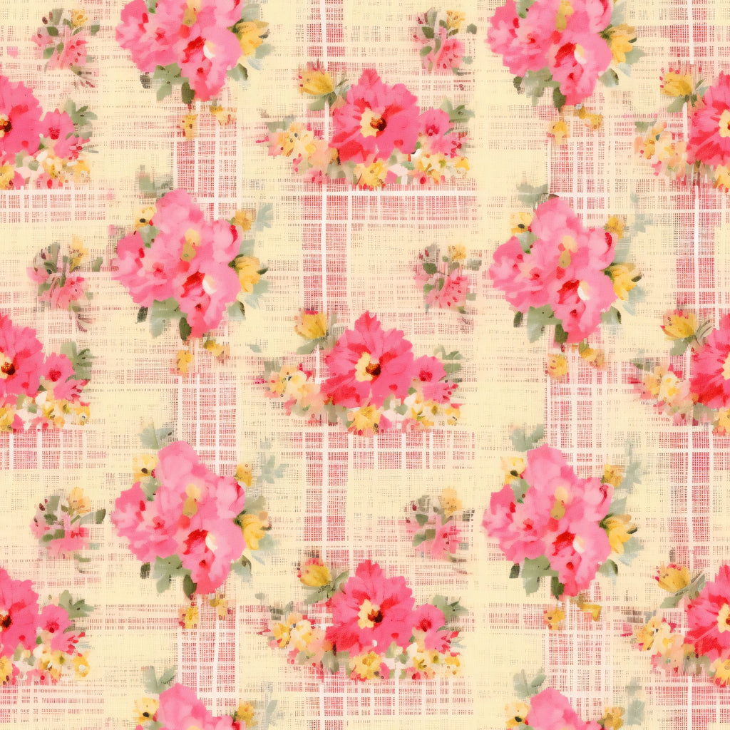 pink flowers, coral blooms, yellow accents, green leaves, plaid background, crosshatch pattern, watercolor style, floral motif, repeating design, shabby chic, cottage core, spring theme,, fabric panel, soft pastels, romantic florals, country style, vintage inspired, feminine aesthetic