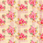 pink flowers, coral blooms, yellow accents, green leaves, plaid background, crosshatch pattern, watercolor style, floral motif, repeating design, shabby chic, cottage core, spring theme,, fabric panel, soft pastels, romantic florals, country style, vintage inspired, feminine aesthetic