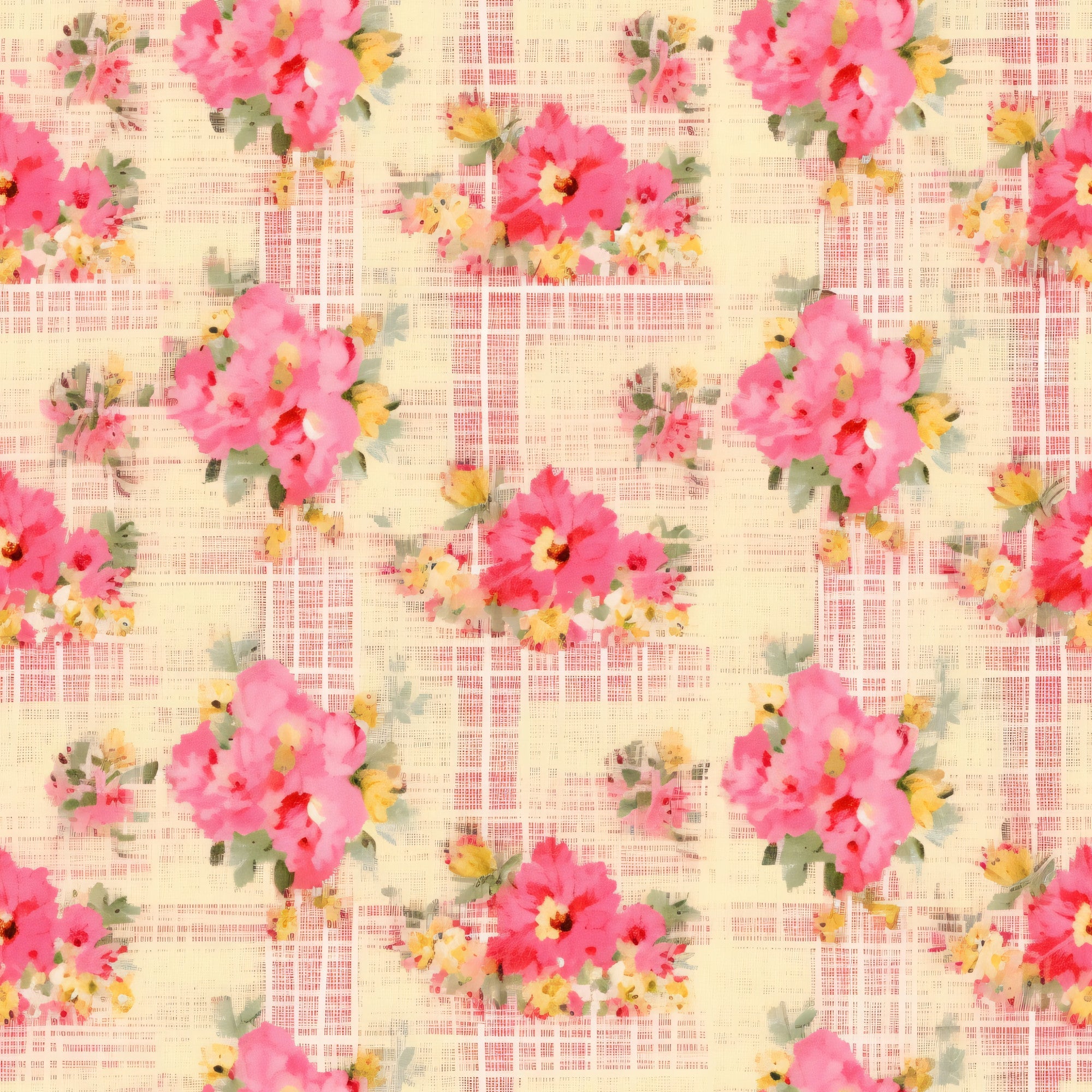 pink flowers, coral blooms, yellow accents, green leaves, plaid background, crosshatch pattern, watercolor style, floral motif, repeating design, shabby chic, cottage core, spring theme,, fabric panel, soft pastels, romantic florals, country style, vintage inspired, feminine aesthetic