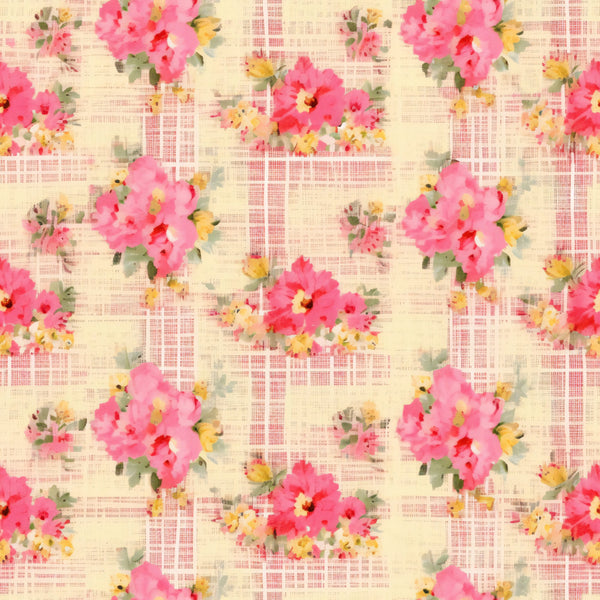 pink flowers, coral blooms, yellow accents, green leaves, plaid background, crosshatch pattern, watercolor style, floral motif, repeating design, shabby chic, cottage core, spring theme,, fabric panel, soft pastels, romantic florals, country style, vintage inspired, feminine aesthetic