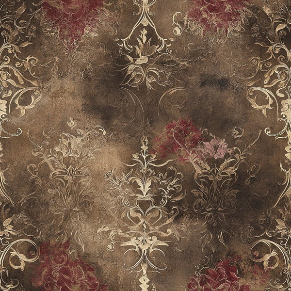 Gothic Fairytale Pattern 17 minky fabric with ornate cream-gold damask flourishes, distressed taupe-brown ground and deep burgundy floral accents