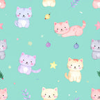 mint green, pastel pink, lavender purple, cream yellow, cute cats, kawaii kittens, whimsical, playful, nursery, baby shower, kids room, playroom, festive ornaments, stars, celestial, nature, floral accents, holiday themed, sweet animals, gentle colors, soft pastels, children's design, cheerful, decorative elements, decorative stars, holiday ornaments, sprite sheet, character repeat pattern, toddler friendly