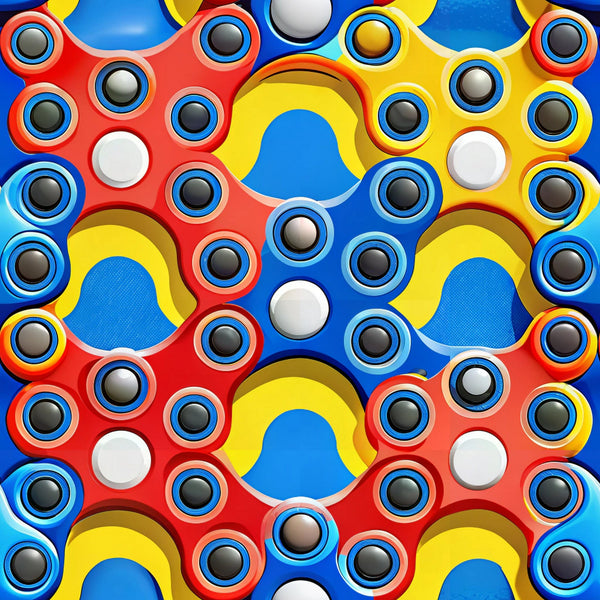 fidget spinners, red, blue, yellow, white, gray, geometric pattern, circular designs, spinning toys, modern pattern,, fabric panel, contemporary style, playful design, repetitive motif, bright colors, kids theme, toy pattern, seamless design, vibrant hues