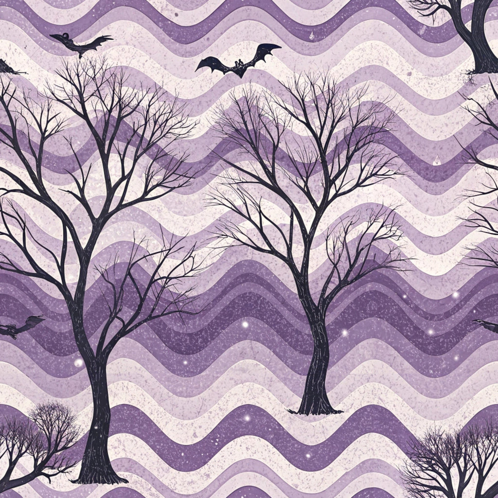 purple, lavender, cream, wavy stripes, bare trees, flying bats, halloween, spooky, gothic, vintage, retro,, fabric panel, autumn, seasonal, silhouettes, starry sky, mystical, chevron waves, twilight