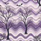 purple, lavender, cream, wavy stripes, bare trees, flying bats, halloween, spooky, gothic, vintage, retro,, fabric panel, autumn, seasonal, silhouettes, starry sky, mystical, chevron waves, twilight