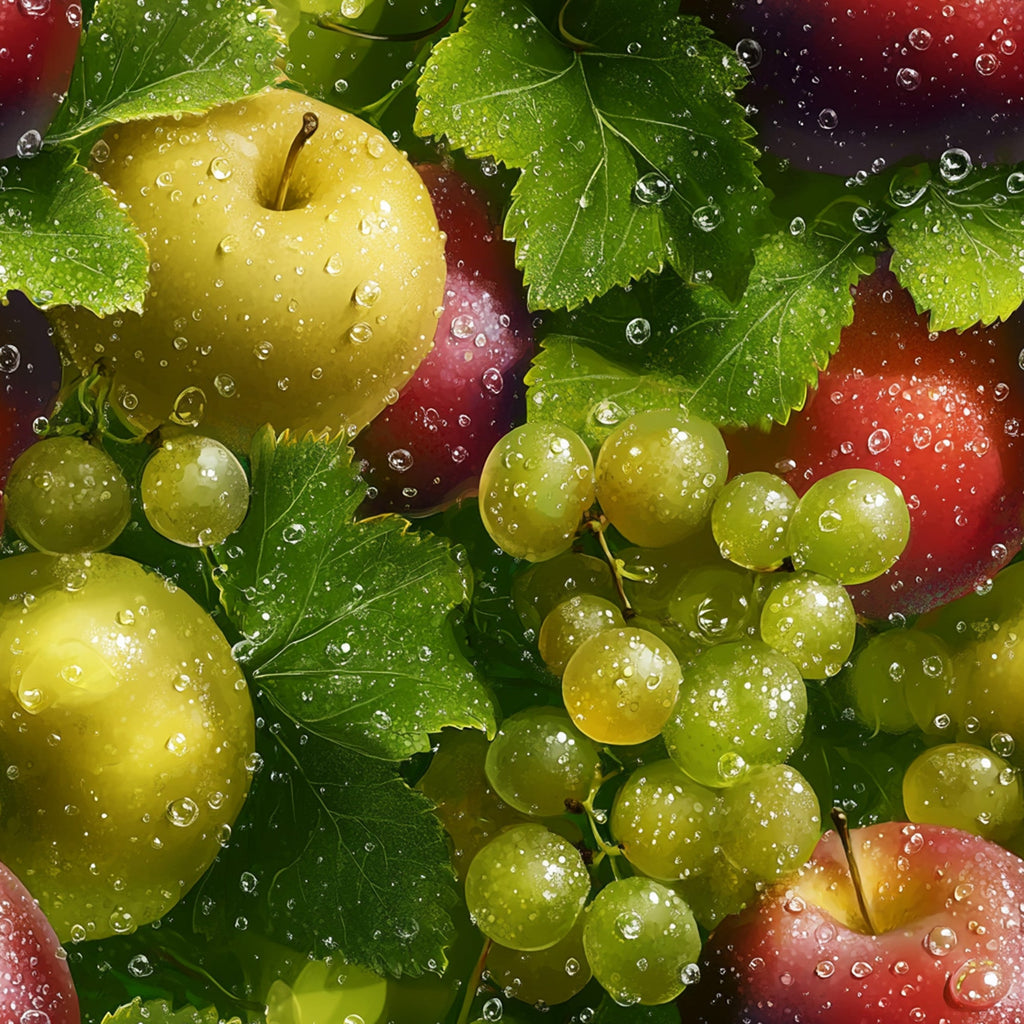 fresh fruits, green grapes, red apples, yellow apples, water droplets, realistic photography, vibrant colors, emerald green, crimson red, golden yellow, fruit pattern,, fabric panel, botanical design, kitchen theme, food motif, dewdrops, glossy finish, nature inspired, photorealistic style