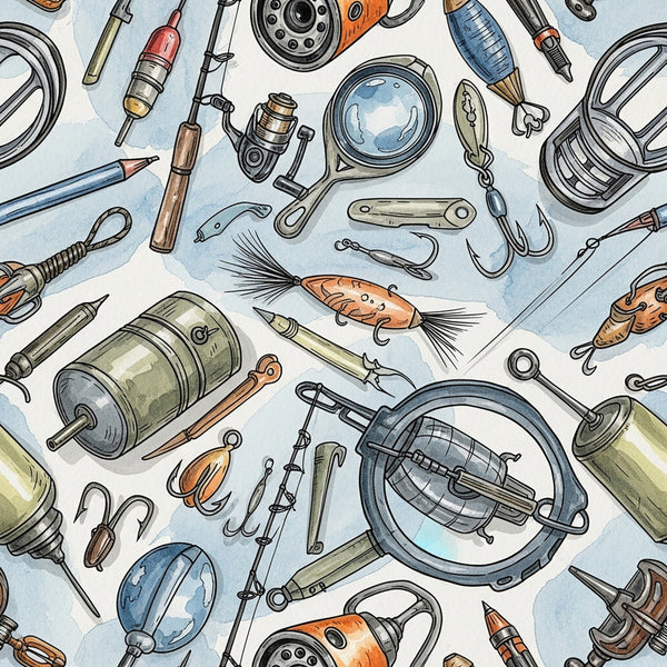 fishing, fishing gear, vintage fishing, fishing tackle, fish lures, hooks, fishing rods, reels, fishing net, bobbers, nautical, ocean theme, water sports, outdoor recreation, tan, cream, orange, blue, gray, black, illustrated, detailed line art, whimsical, vintage style, adventurous, sportsman, fisherman, hobbies, recreational activities, boys room