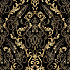 gold and black, black background, gold ornament, damask, baroque, ornamental scrollwork, floral swirls, elegant, luxury, sophisticated, traditional, victorian, ornate, decorative, classic, timeless, vintage, formal, upscale, rich, regal, ornamental leaves, filigree, scrolling vines, metallic gold, high-end, wedding, formal event, home decor, upholstery