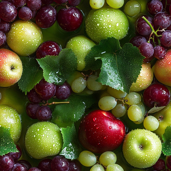 fresh fruits, green apples, red apples, purple grapes, white grapes, cherries, limes, water droplets, realistic photography, vibrant colors,, fabric panel, fruit pattern, green leaves, grape vines, fresh produce, botanical design, kitchen theme, bright lighting, juicy fruits