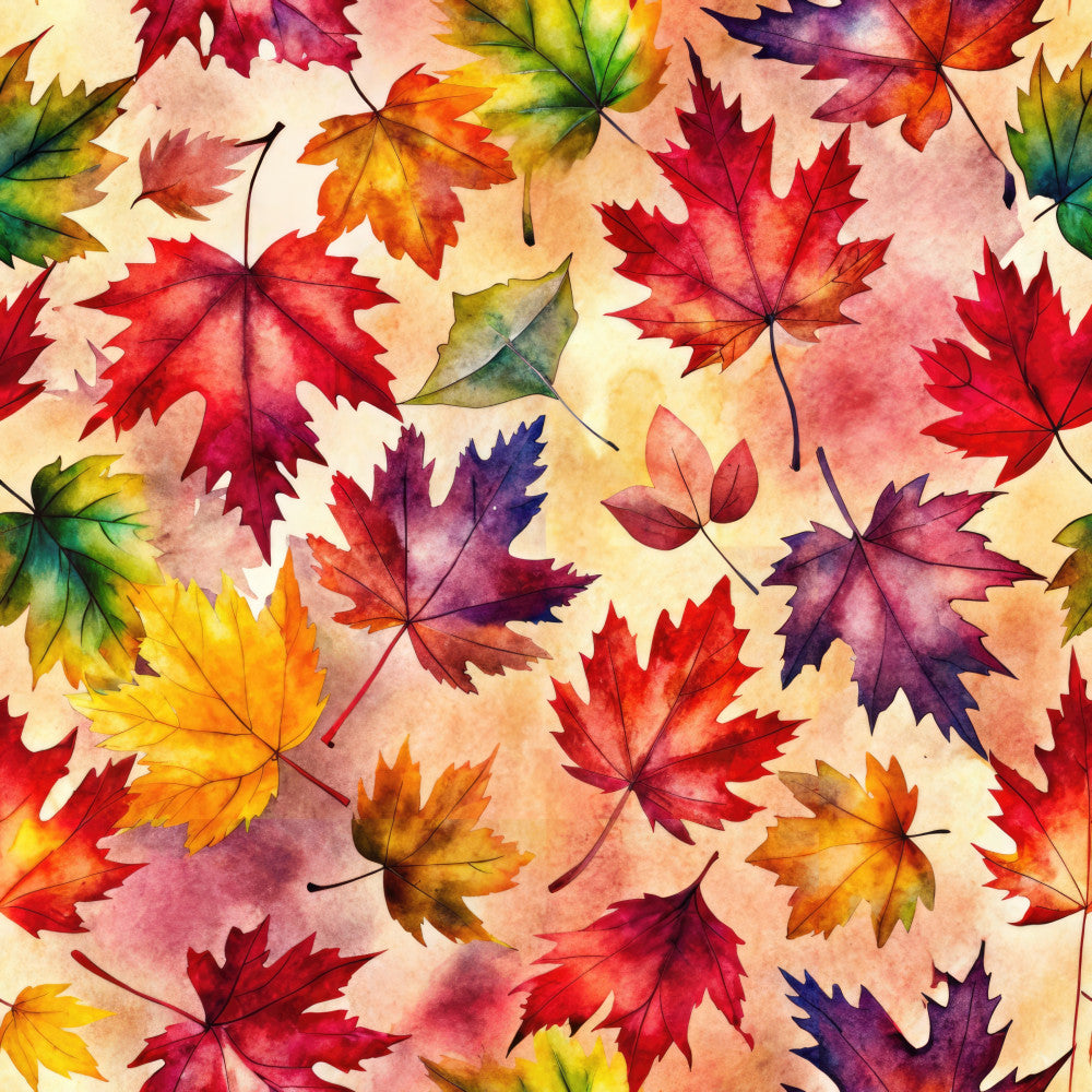 autumn leaves, fall colors, maple leaves, watercolor leaves, red leaves, golden yellow, burnt orange, deep purple, crimson red, warm earth tones, nature-inspired, seasonal, autumn, fall, leaf pattern, botanical, watercolor floral, painted leaves, whimsical, artistic, vibrant colors, multi-color, warm tones, harvest theme, forest colors, dreamy, impressionist style, kids room, playroom, nature lover