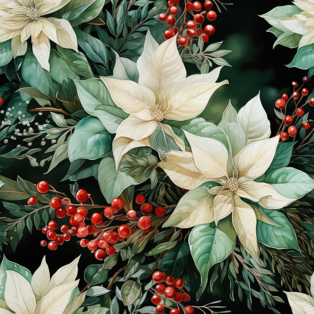 cream flowers, red berries, dark green leaves, botanical pattern, poinsettia blooms, holiday florals, christmas motif,, fabric panel, winter botanicals, festive arrangement, ivory petals, crimson accents, nature design, seasonal foliage, floral clusters, cottage style, watercolor effect