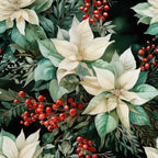 cream flowers, red berries, dark green leaves, botanical pattern, poinsettia blooms, holiday florals, christmas motif,, fabric panel, winter botanicals, festive arrangement, ivory petals, crimson accents, nature design, seasonal foliage, floral clusters, cottage style, watercolor effect