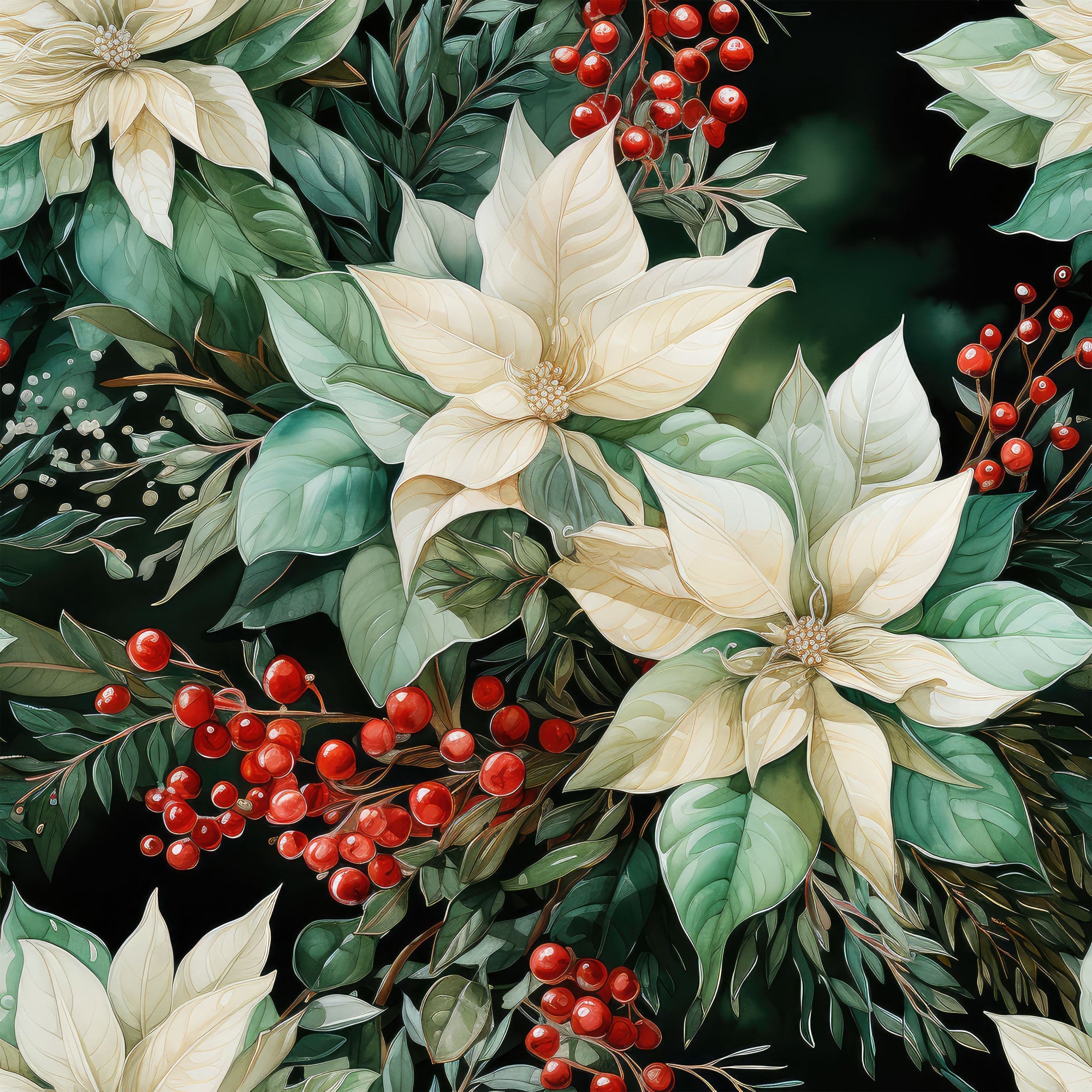 cream flowers, red berries, dark green leaves, botanical pattern, poinsettia blooms, holiday florals, christmas motif,, fabric panel, winter botanicals, festive arrangement, ivory petals, crimson accents, nature design, seasonal foliage, floral clusters, cottage style, watercolor effect