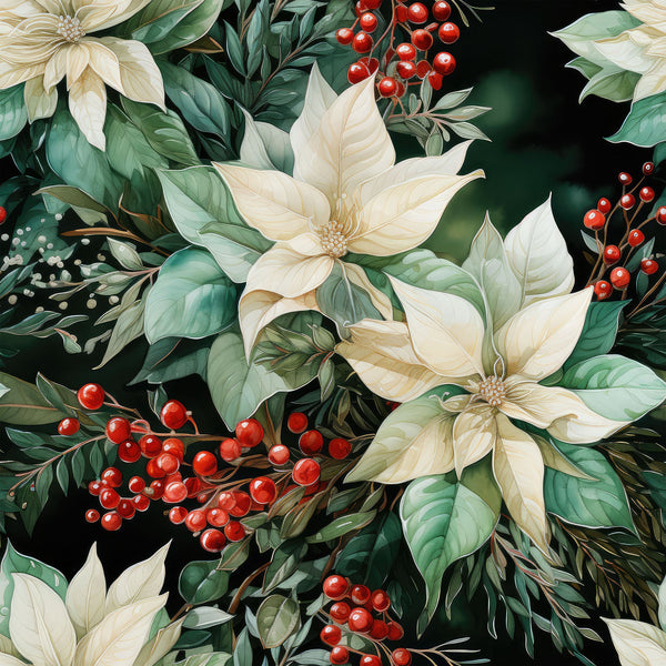 cream flowers, red berries, dark green leaves, botanical pattern, poinsettia blooms, holiday florals, christmas motif,, fabric panel, winter botanicals, festive arrangement, ivory petals, crimson accents, nature design, seasonal foliage, floral clusters, cottage style, watercolor effect