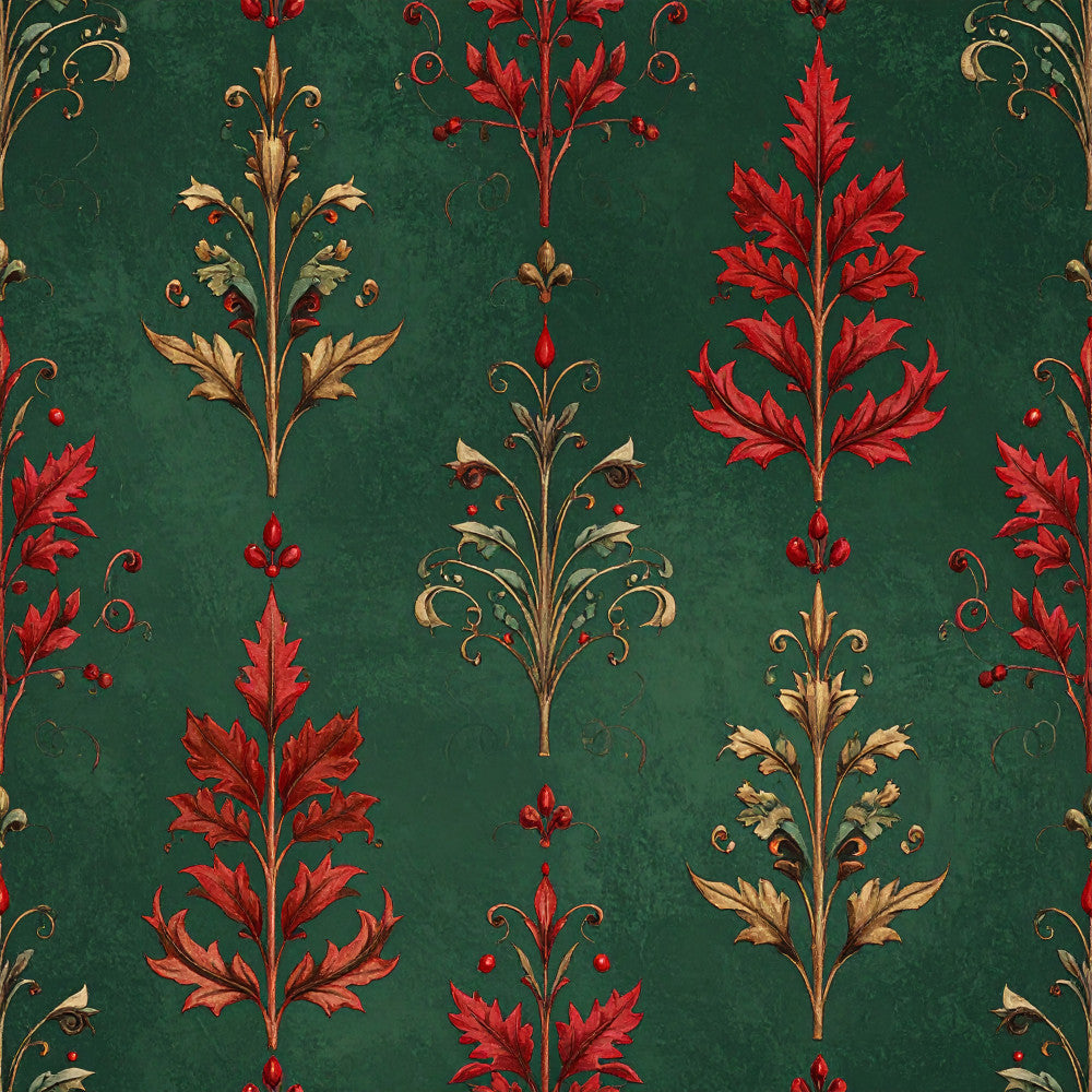 forest green, deep green, red, burgundy, gold, metallic gold, damask, floral, ornamental, vintage, traditional, elegant, botanical, leaves, flourishes, scrolls, decorative, christmas, holiday, festive, renaissance, victorian, classic, formal, jewel tones, luxury, intricate, tapestry-inspired