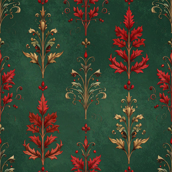 forest green, deep green, red, burgundy, gold, metallic gold, damask, floral, ornamental, vintage, traditional, elegant, botanical, leaves, flourishes, scrolls, decorative, christmas, holiday, festive, renaissance, victorian, classic, formal, jewel tones, luxury, intricate, tapestry-inspired