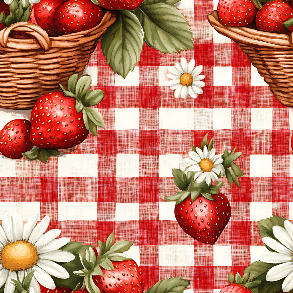 red, white, gingham, checkered pattern, strawberries, wicker baskets, daisies, flowers, summer theme, picnic motif,, fabric panel, botanical elements, vintage style, country charm, fruit design, pastoral scene, cheerful mood, cottage core, rustic aesthetic
