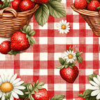red, white, gingham, checkered pattern, strawberries, wicker baskets, daisies, flowers, summer theme, picnic motif,, fabric panel, botanical elements, vintage style, country charm, fruit design, pastoral scene, cheerful mood, cottage core, rustic aesthetic