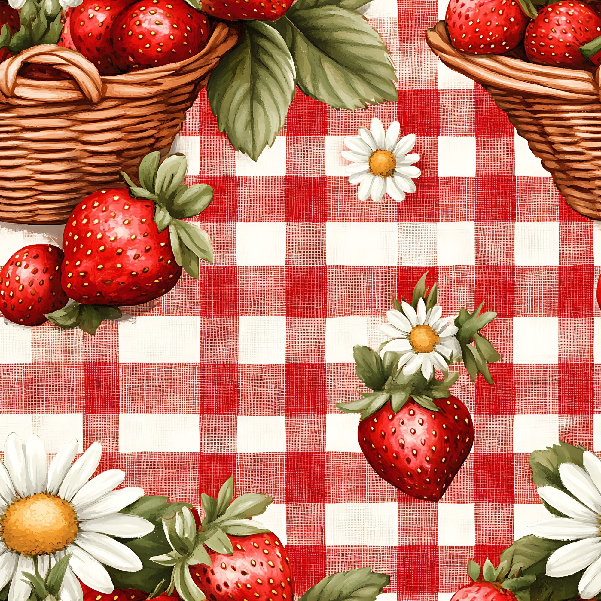 red, white, gingham, checkered pattern, strawberries, wicker baskets, daisies, flowers, summer theme, picnic motif,, fabric panel, botanical elements, vintage style, country charm, fruit design, pastoral scene, cheerful mood, cottage core, rustic aesthetic