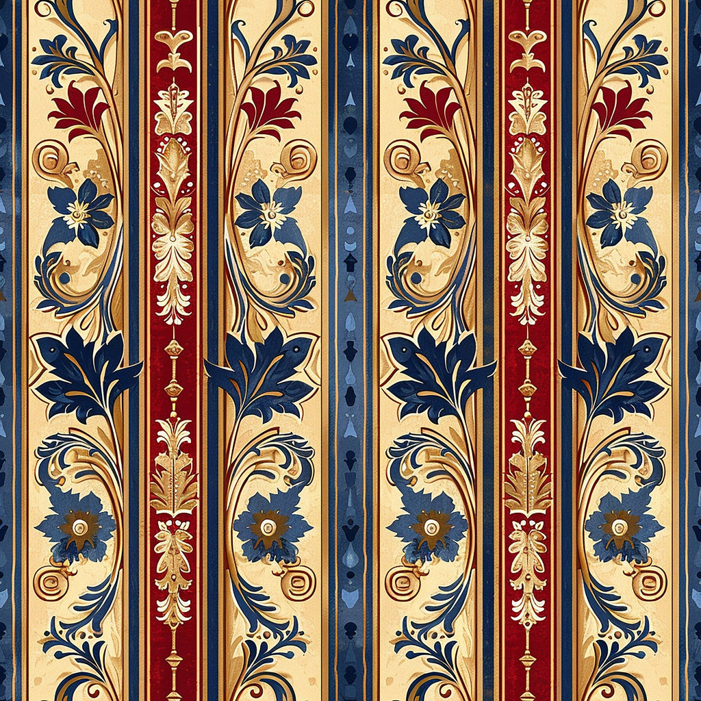 medieval, french pattern, burgundy, navy blue, cream, gold, floral motifs, ornate scrollwork, decorative stripes, gothic flowers, royal colors, vintage design,, fabric panel, elegant flourishes, botanical elements, regal aesthetic, intricate details, medieval art style, luxurious appearance