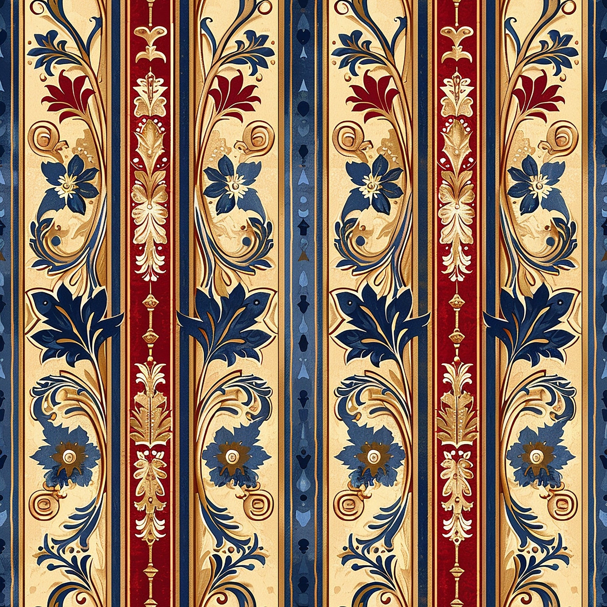 medieval, french pattern, burgundy, navy blue, cream, gold, floral motifs, ornate scrollwork, decorative stripes, gothic flowers, royal colors, vintage design,, fabric panel, elegant flourishes, botanical elements, regal aesthetic, intricate details, medieval art style, luxurious appearance