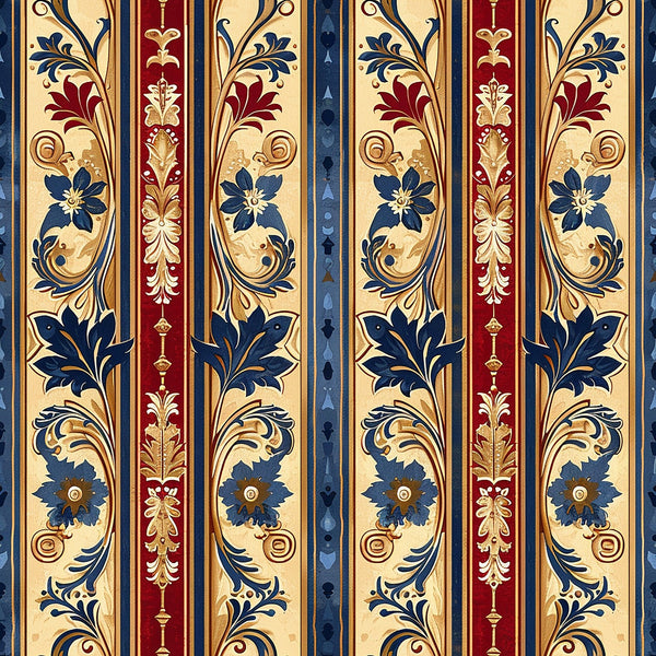 medieval, french pattern, burgundy, navy blue, cream, gold, floral motifs, ornate scrollwork, decorative stripes, gothic flowers, royal colors, vintage design,, fabric panel, elegant flourishes, botanical elements, regal aesthetic, intricate details, medieval art style, luxurious appearance