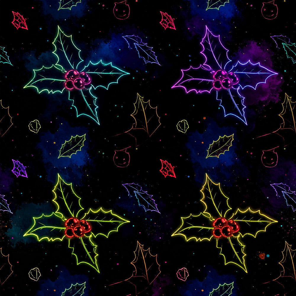 neon holly, neon christmas, holiday neon, festive neon, glowing holly leaves, luminous berries, black background, neon green, neon pink, neon magenta, neon yellow, neon cyan, neon purple, christmas motifs, holly and berries, celestial background, starry night, whimsical holiday, modern christmas, glow in the dark aesthetic, holiday botanical, neon lights, vibrant holiday, festive theme, playroom décor, kids room, holiday nursery, christmas fabric, festive botanical, contemporary holiday