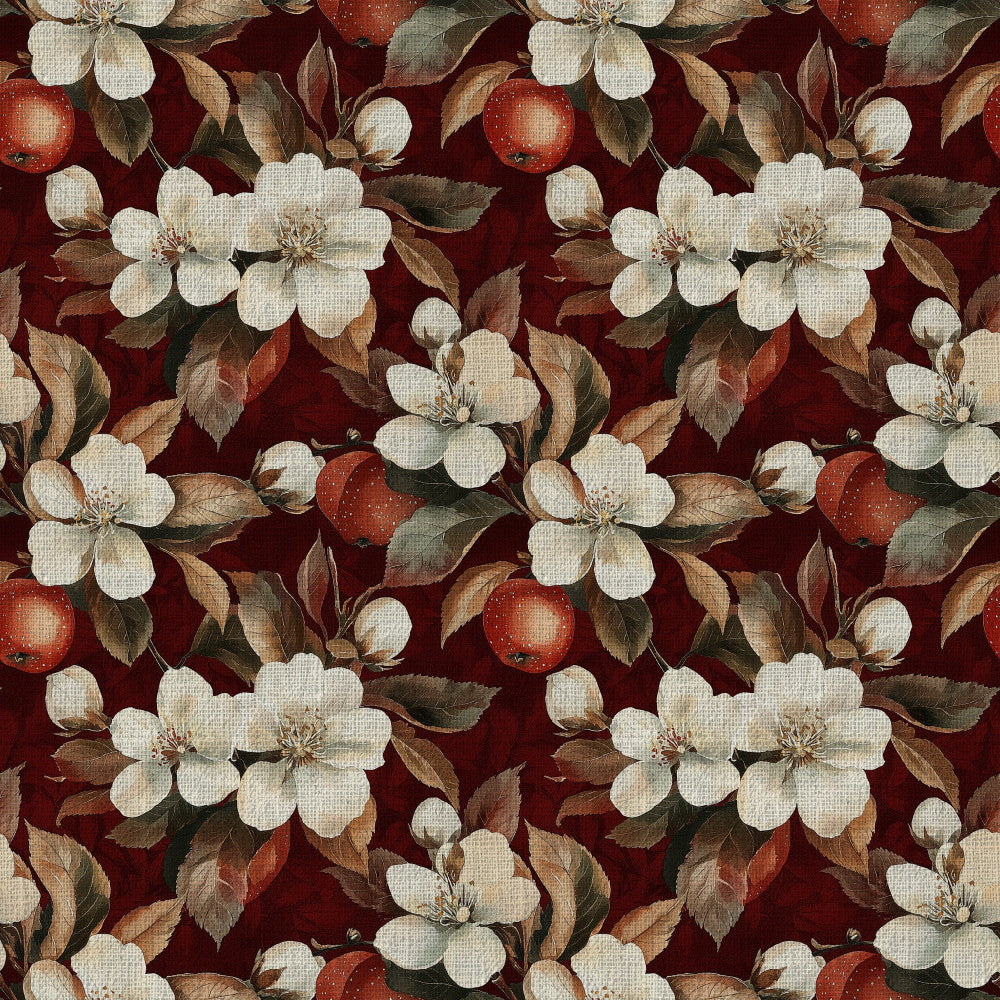 burgundy, cream, ivory, rust red, deep red, wine red, sage green, brown, floral, botanical, vintage, romantic, elegant, traditional, apple blossoms, fruit blossoms, white flowers, red apples, orchard, nature, garden, classic, timeless, spring, summer, farmhouse, cottage core, heritage, botanical print, fruit and flowers