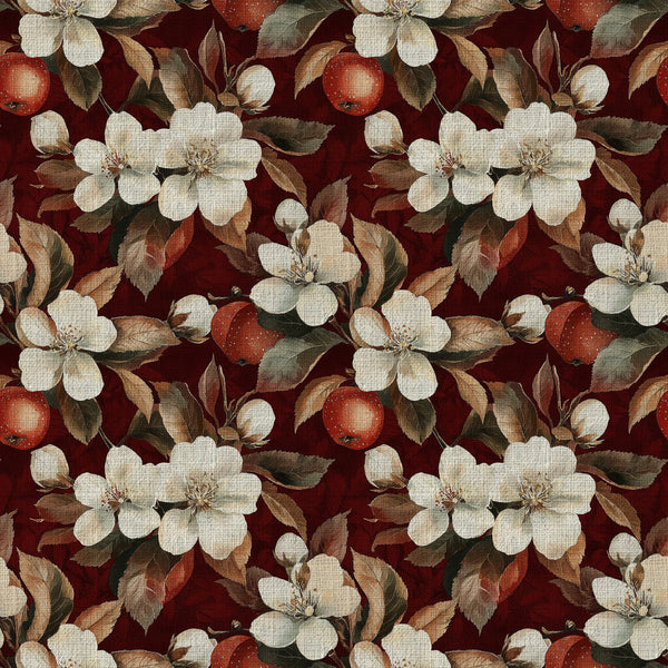 burgundy, cream, ivory, rust red, deep red, wine red, sage green, brown, floral, botanical, vintage, romantic, elegant, traditional, apple blossoms, fruit blossoms, white flowers, red apples, orchard, nature, garden, classic, timeless, spring, summer, farmhouse, cottage core, heritage, botanical print, fruit and flowers