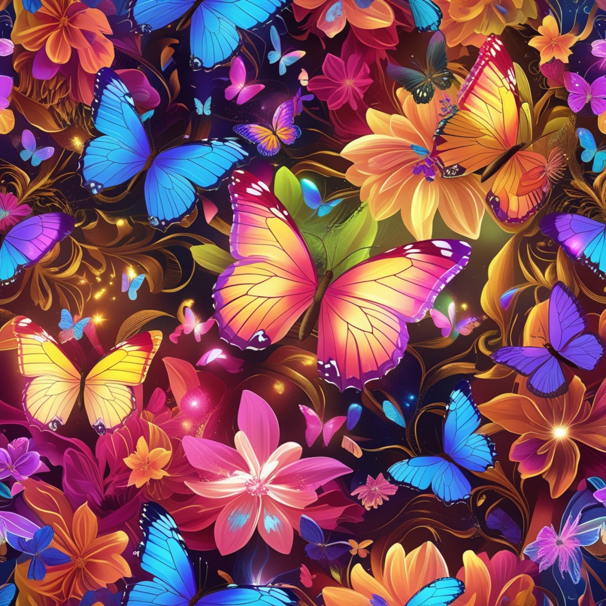 fantasy butterflies, vibrant colors, tropical flowers, blue morpho, orange monarch, purple wings, pink blossoms, gradient wings, floral pattern,, fabric panel, magical garden, iridescent wings, sunset colors, botanical design, nature theme, bright florals, butterfly collection, decorative wings, fantasy flora