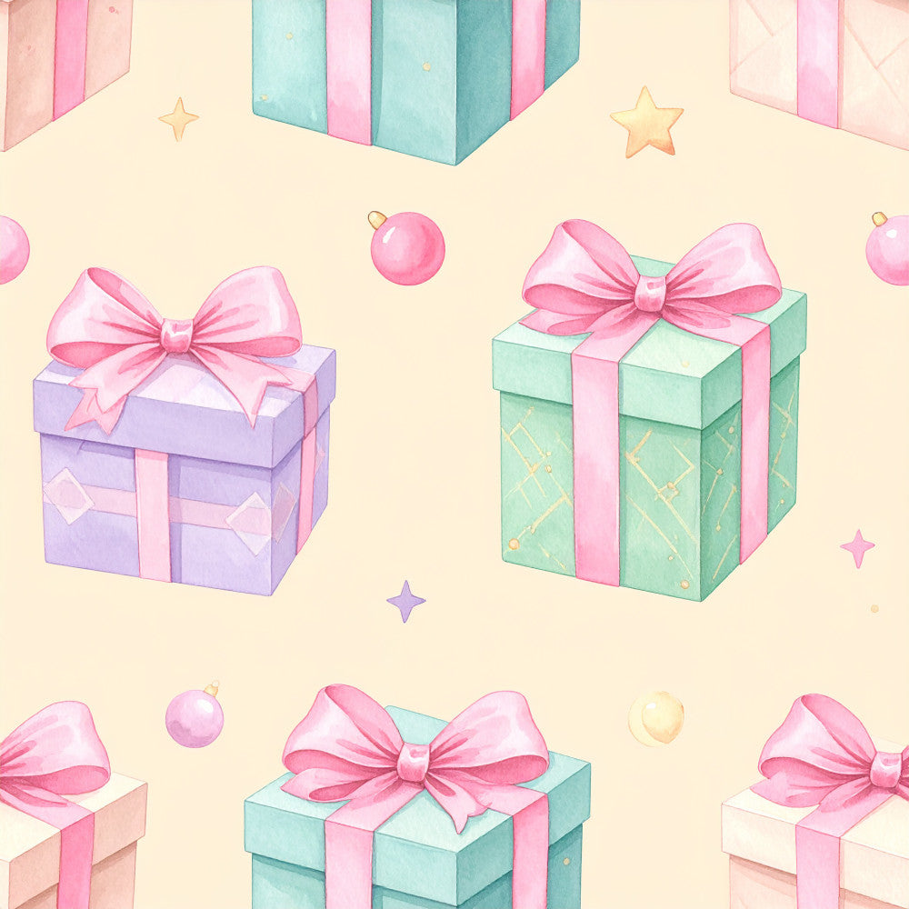 pastel pink, mint green, lavender purple, cream, pale yellow, gift boxes, bows, ribbons, stars, ornaments, whimsical, playful, feminine, celebration, birthday, present, party, sparkly, magical, nursery, baby girl, kids room, toddler, sweet, delicate, girly, festive, dream theme
