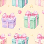 pastel pink, mint green, lavender purple, cream, pale yellow, gift boxes, bows, ribbons, stars, ornaments, whimsical, playful, feminine, celebration, birthday, present, party, sparkly, magical, nursery, baby girl, kids room, toddler, sweet, delicate, girly, festive, dream theme