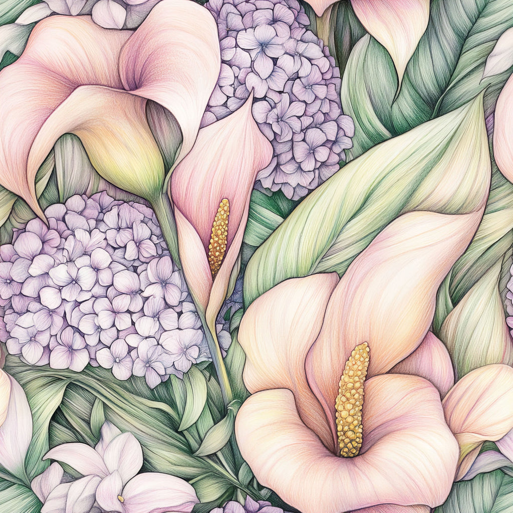 pastel pink, lavender purple, sage green, cream white, calla lily, hydrangea flowers, floral pattern, botanical design, tropical leaves, realistic illustration, soft watercolor style, delicate petals, yellow stamens,, fabric panel, spring flowers, garden blooms, feminine aesthetic, romantic florals, nature motifs