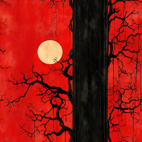 blood red, cream moon, black branches, bare trees, gothic atmosphere, spooky scene, halloween theme, dramatic sky, twisted branches, dark silhouettes, horror aesthetic, eerie mood,, fabric panel, crimson background, leafless trees, haunting landscape, macabre design, creepy branches, sinister vibe