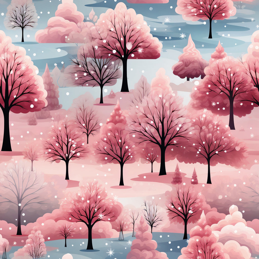 pink, coral, dusty rose, blue gray, winter trees, bare branches, snowflakes, falling snow, winter landscape, dreamy watercolor, soft pastels,, fabric panel, winter wonderland, snowy scene, delicate branches, layered trees, christmas fabric, seasonal design, cotton fabric