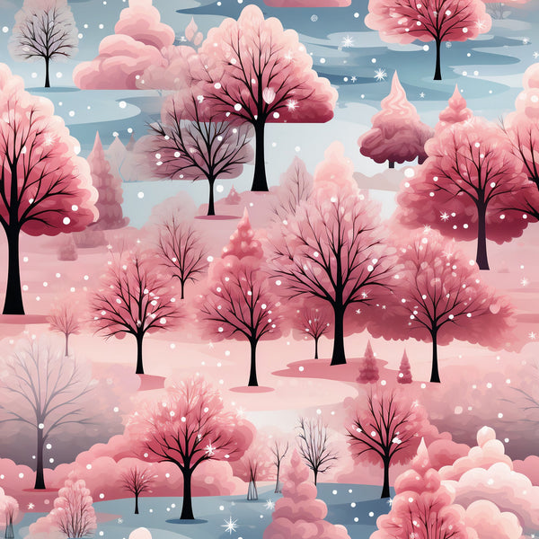 pink, coral, dusty rose, blue gray, winter trees, bare branches, snowflakes, falling snow, winter landscape, dreamy watercolor, soft pastels,, fabric panel, winter wonderland, snowy scene, delicate branches, layered trees, christmas fabric, seasonal design, cotton fabric