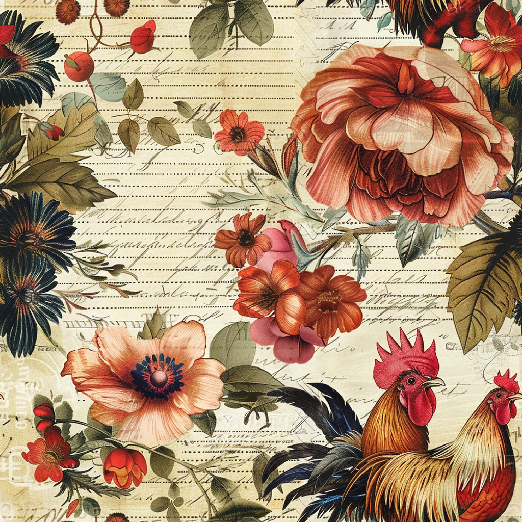 roosters, chickens, botanical flowers, vintage style, farm animals, coral red, olive green, cream background, floral motifs, country living,, fabric panel, rustic charm, pastoral scene, earth tones, farmhouse aesthetic, detailed illustrations, natural elements, warm colors, cottage core