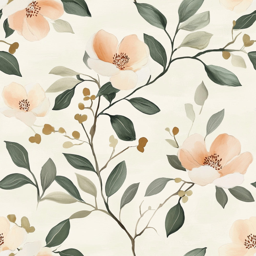peach flowers, cream background, soft peach, sage green, forest green, olive green, golden brown, floral pattern, botanical design, nature theme, elegant style, modern floral, watercolor flowers, delicate flowers, spring flowers, garden flowers, leaf pattern, berries, heart shaped leaves, soft romantic, whimsical botanical, nursery decor, baby room, gentle colors, nature inspired, branch design, flowering branches, soft botanical, decorative florals