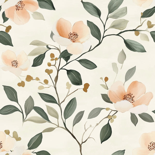 peach flowers, cream background, soft peach, sage green, forest green, olive green, golden brown, floral pattern, botanical design, nature theme, elegant style, modern floral, watercolor flowers, delicate flowers, spring flowers, garden flowers, leaf pattern, berries, heart shaped leaves, soft romantic, whimsical botanical, nursery decor, baby room, gentle colors, nature inspired, branch design, flowering branches, soft botanical, decorative florals