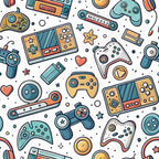gaming controllers, retro gaming, video game pattern, teal, orange, coral, yellow, white background, handheld devices, console controllers, modern illustration, cartoon style, geometric shapes, scattered layout,, fabric panel, gaming theme, electronic devices, playful design, contemporary pattern