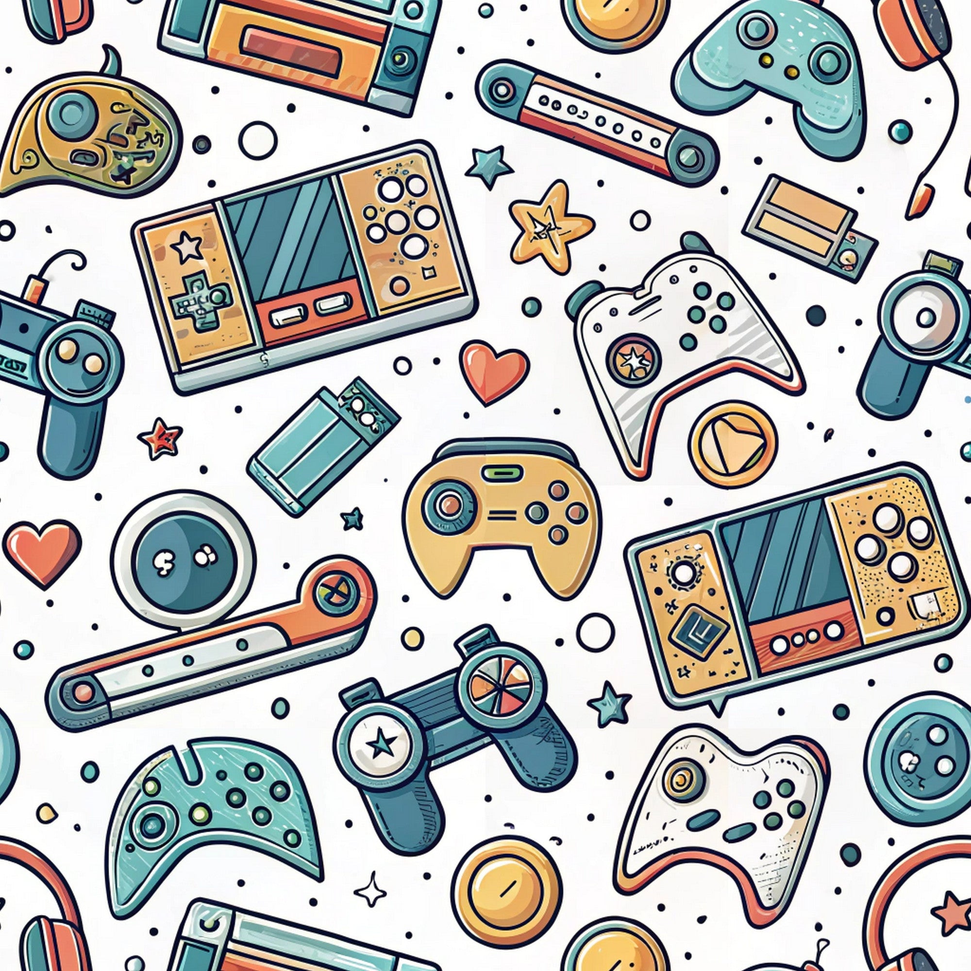gaming controllers, retro gaming, video game pattern, teal, orange, coral, yellow, white background, handheld devices, console controllers, modern illustration, cartoon style, geometric shapes, scattered layout,, fabric panel, gaming theme, electronic devices, playful design, contemporary pattern