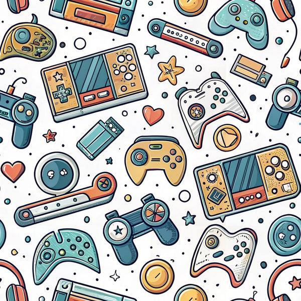 gaming controllers, retro gaming, video game pattern, teal, orange, coral, yellow, white background, handheld devices, console controllers, modern illustration, cartoon style, geometric shapes, scattered layout,, fabric panel, gaming theme, electronic devices, playful design, contemporary pattern